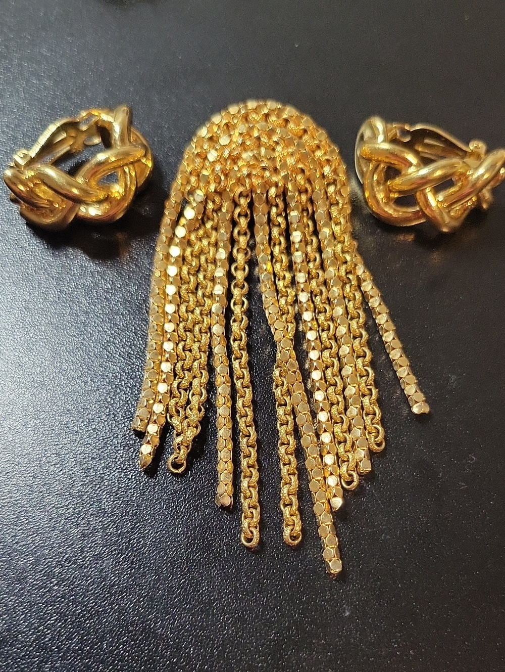 Gold Tone Fringe Statement Brooch and Knot Clip-On Earrings Set